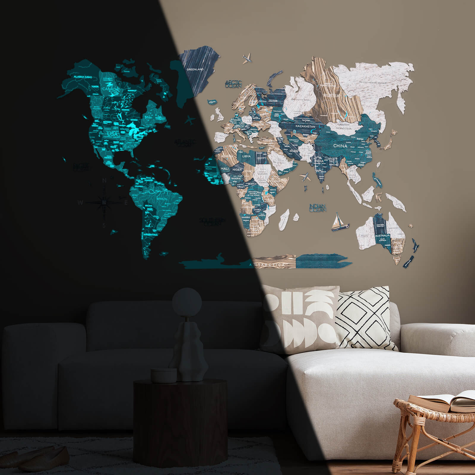 3D Luminous/Magnetic Colored Wooden World Map Mystery - themonogram manor 