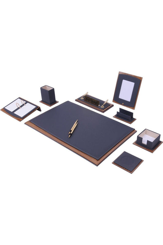 MOOG Star Leather Desk Set - Walnut Wood Combination - Gray - 10 PCS - themonogram manor 