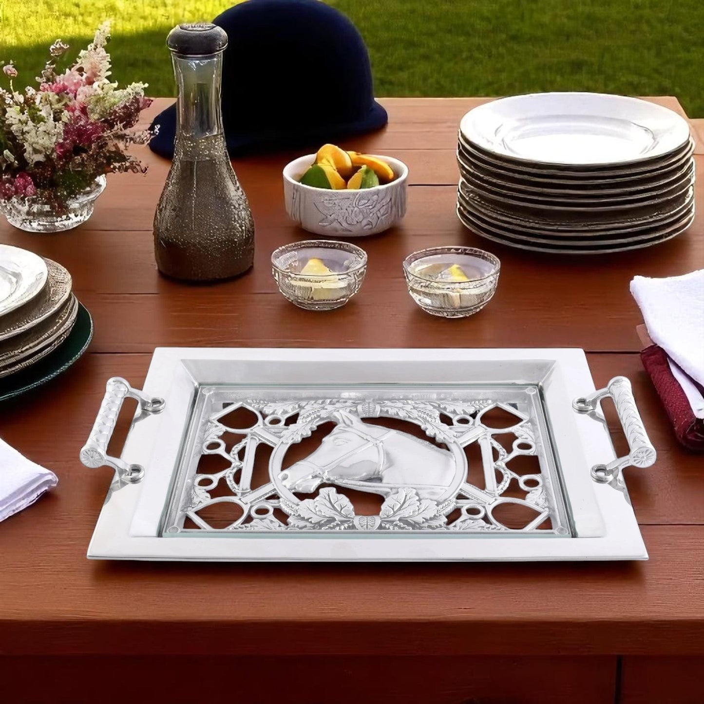 Equestrian Horse Glass Top Serving Tray - themonogram manor 