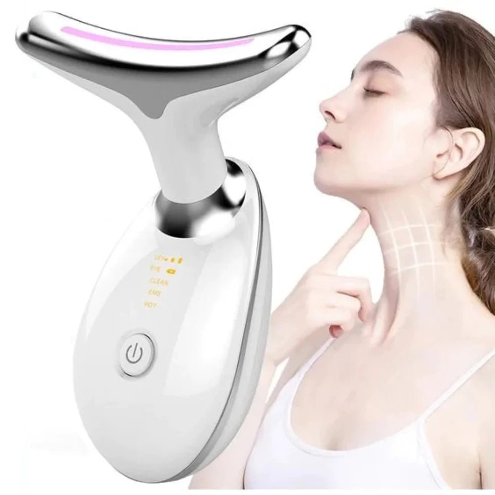 7 Color LED Neck Tightening Facial Device,Red Light Therapy for Face,Neck Lifting Device Face Massager for Face Lift, Facial Massager, anti Aging, 3 in 1 Portable Skin Care Tools, White - themonogram manor 