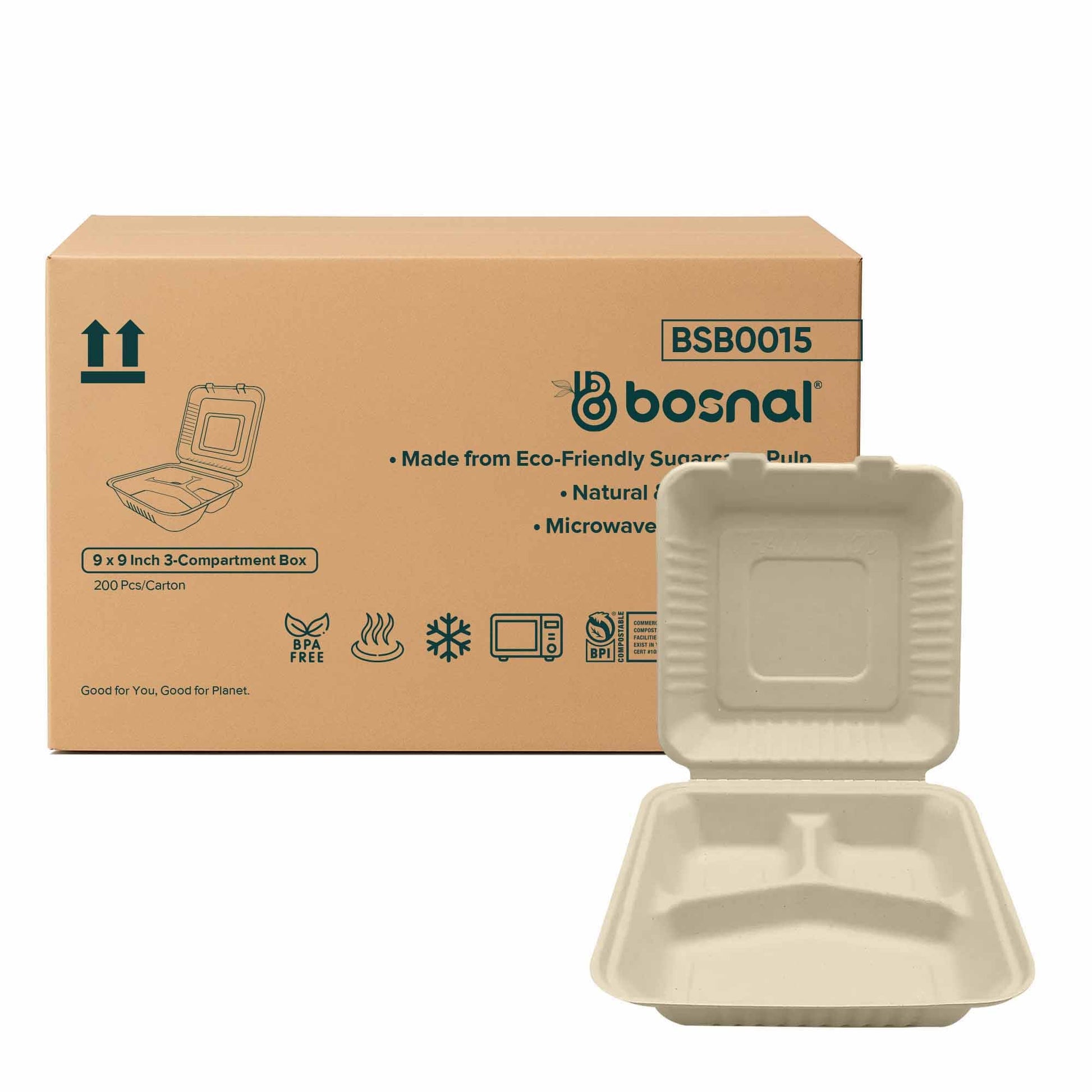 Bosnal - Sugarcane Bagasse Compostable 9 Inch 3 - Compartment Clamshell - Case of 8 (200 Pcs) - themonogram manor 