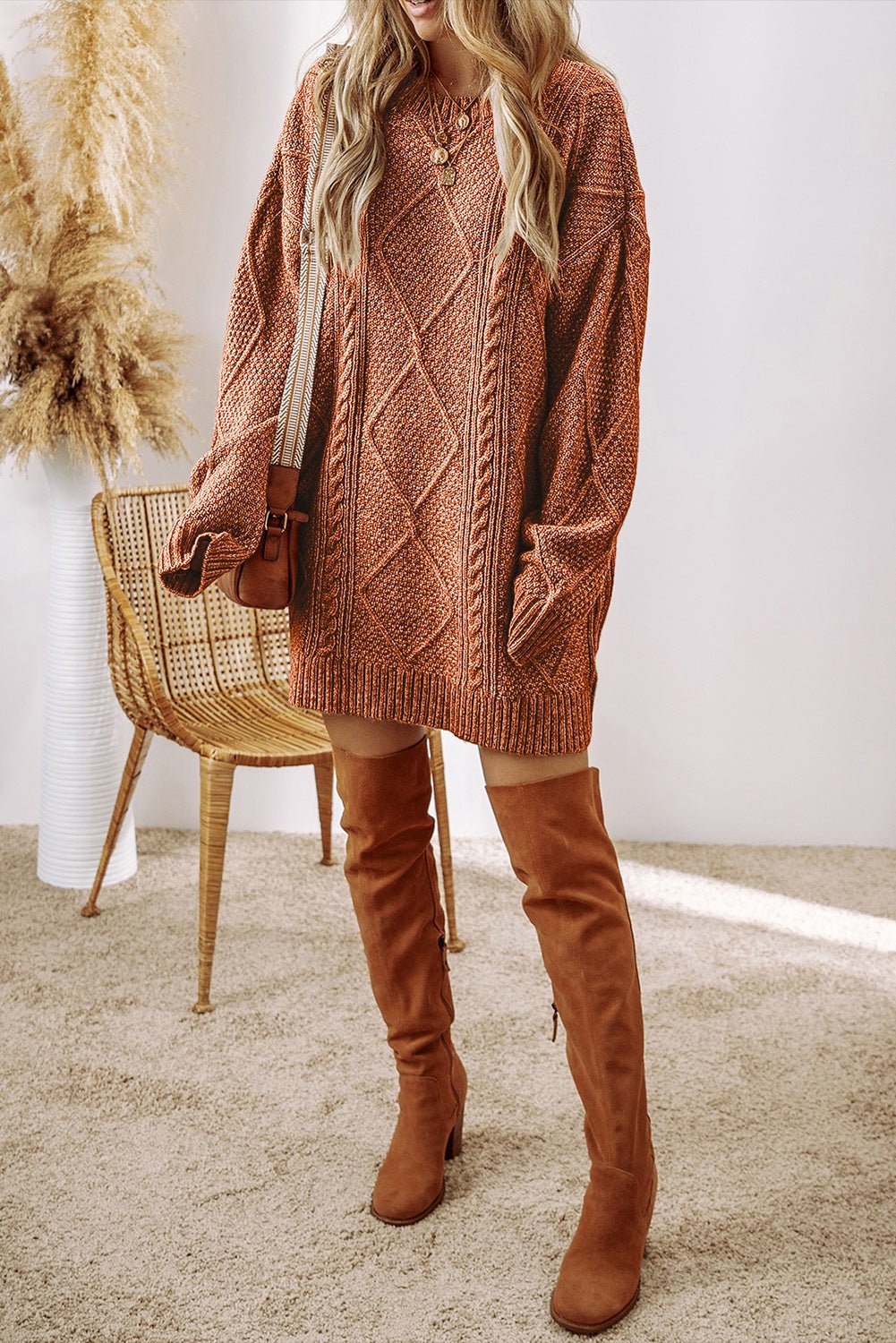 Cable Knit Sweater Dress in Coffee - themonogram manor 