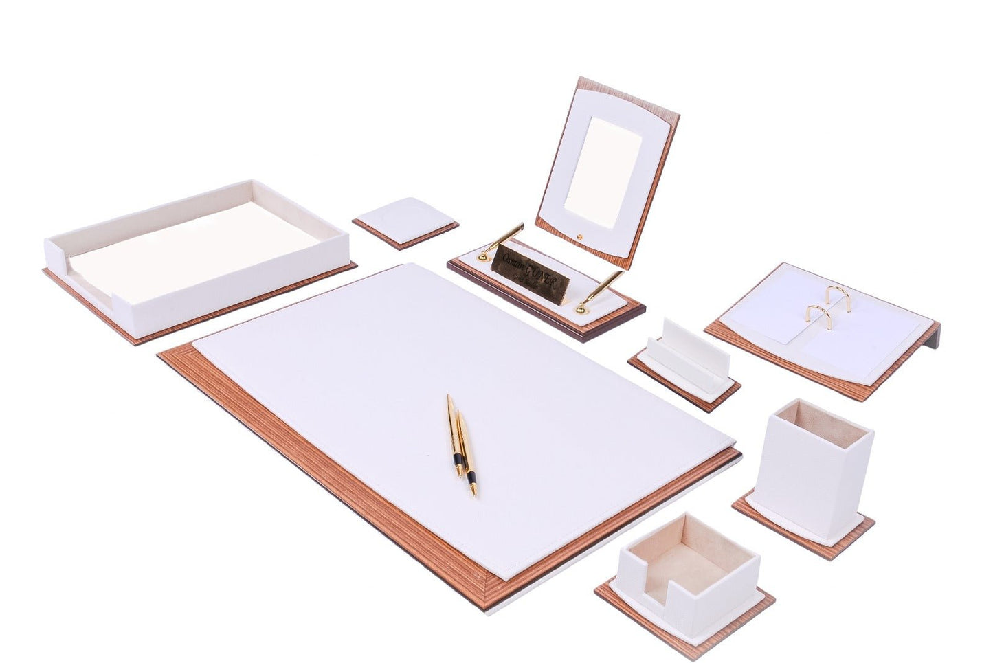 MOOG Star Leather Desk Set - Walnut Wood Combination - White - 11 PCS - themonogram manor 