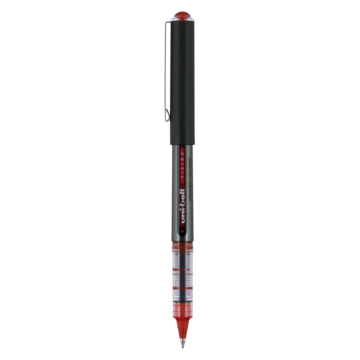 uniball VISION Roller Ball Pen, Stick, Micro 0.5 mm, Red Ink, Gray/Red Barrel, Dozen - themonogram manor 