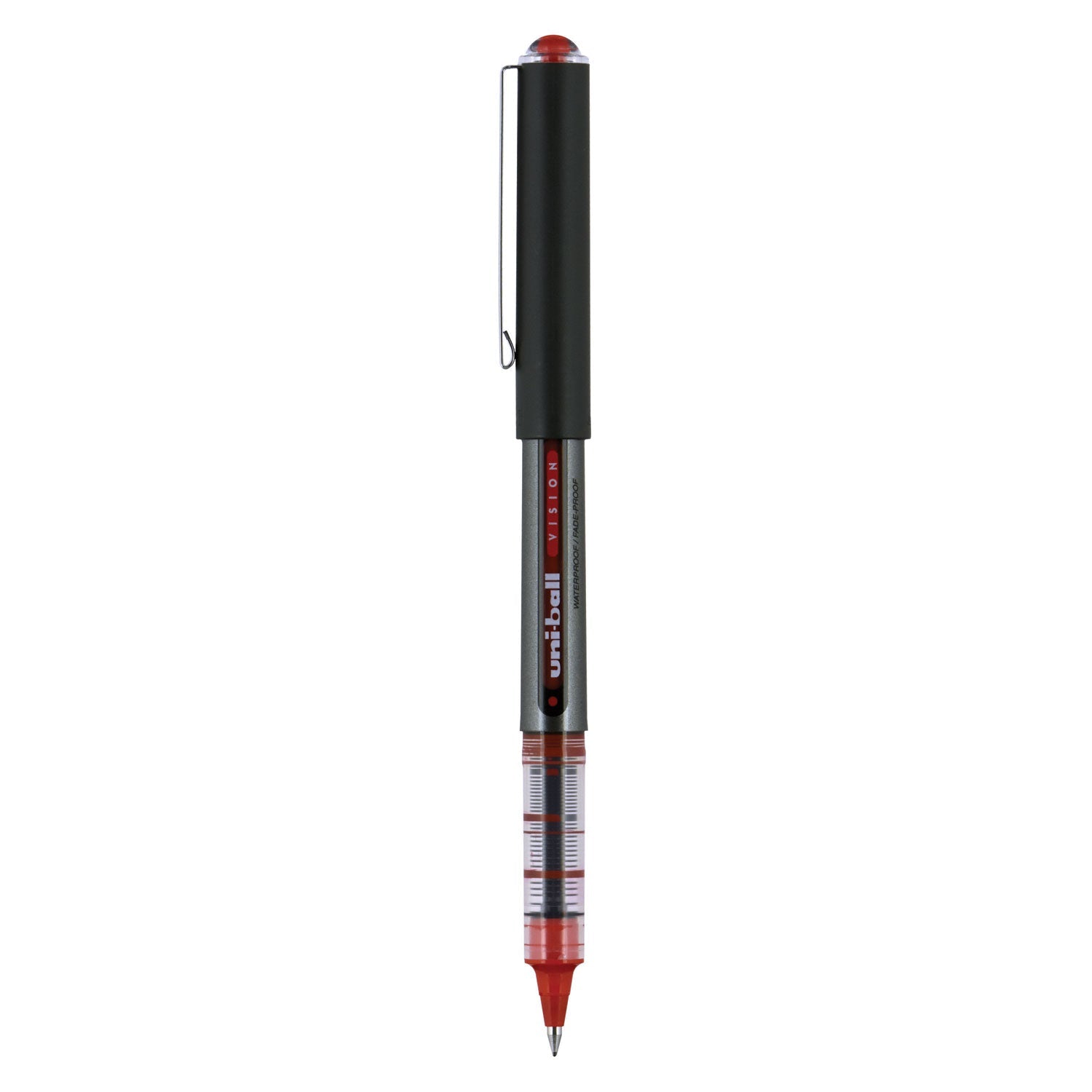 uniball VISION Roller Ball Pen, Stick, Micro 0.5 mm, Red Ink, Gray/Red Barrel, Dozen - themonogram manor 