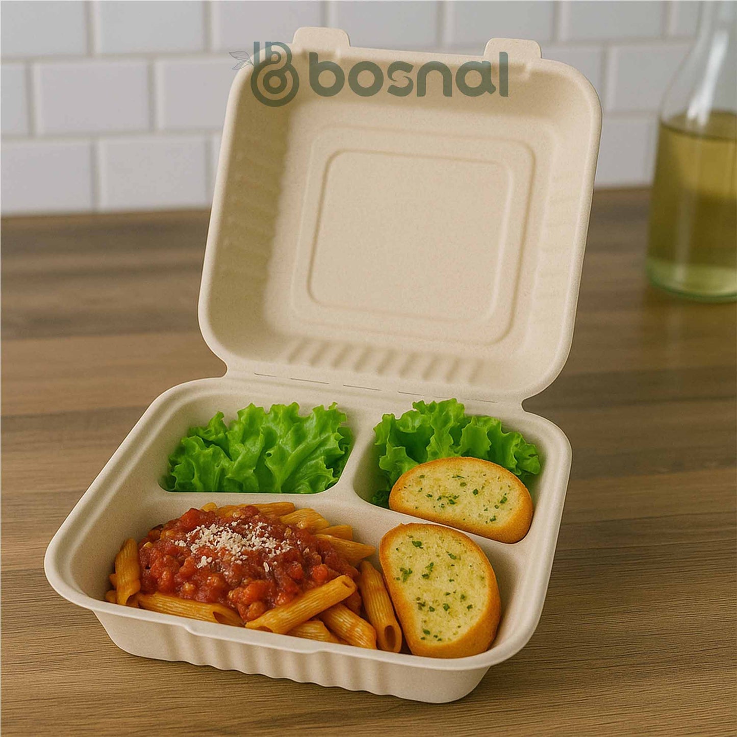 Bosnal - Sugarcane Bagasse Compostable 9 Inch 3 - Compartment Clamshell - Case of 8 (200 Pcs) - themonogram manor 