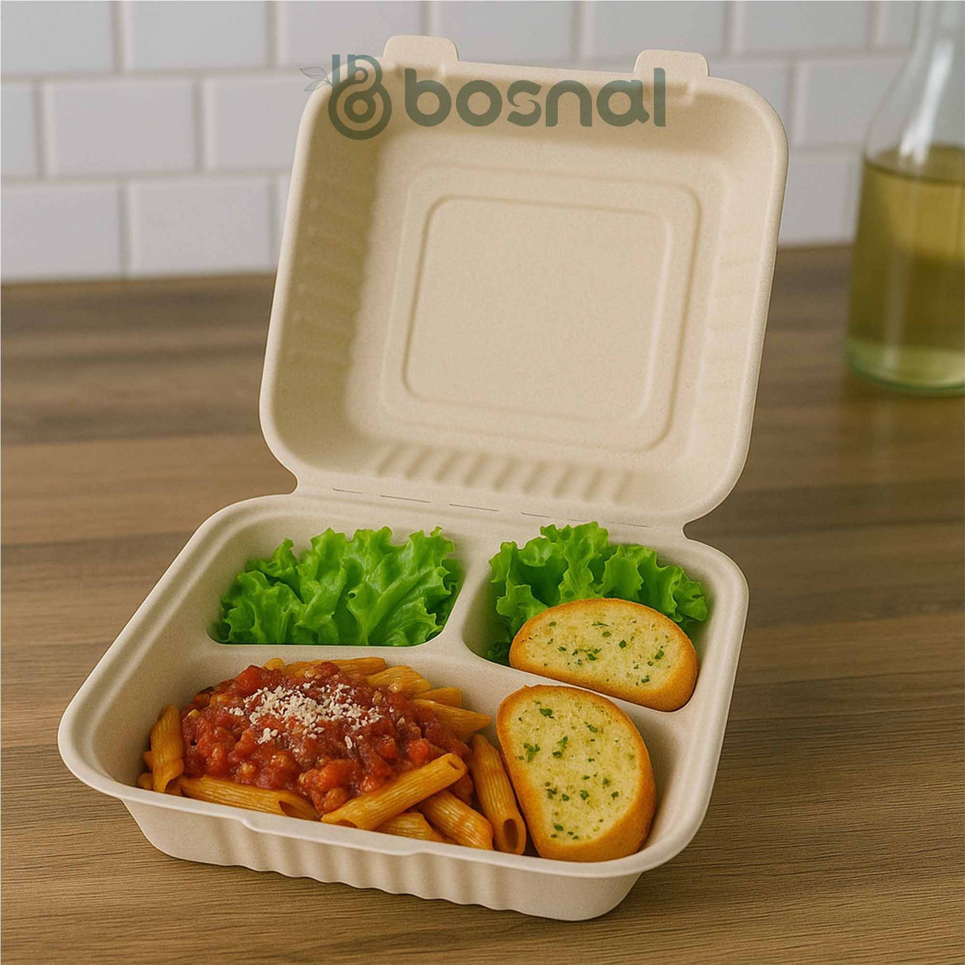 Bosnal - Sugarcane Bagasse Compostable 9 Inch 3 - Compartment Clamshell - Case of 8 (200 Pcs) - themonogram manor 