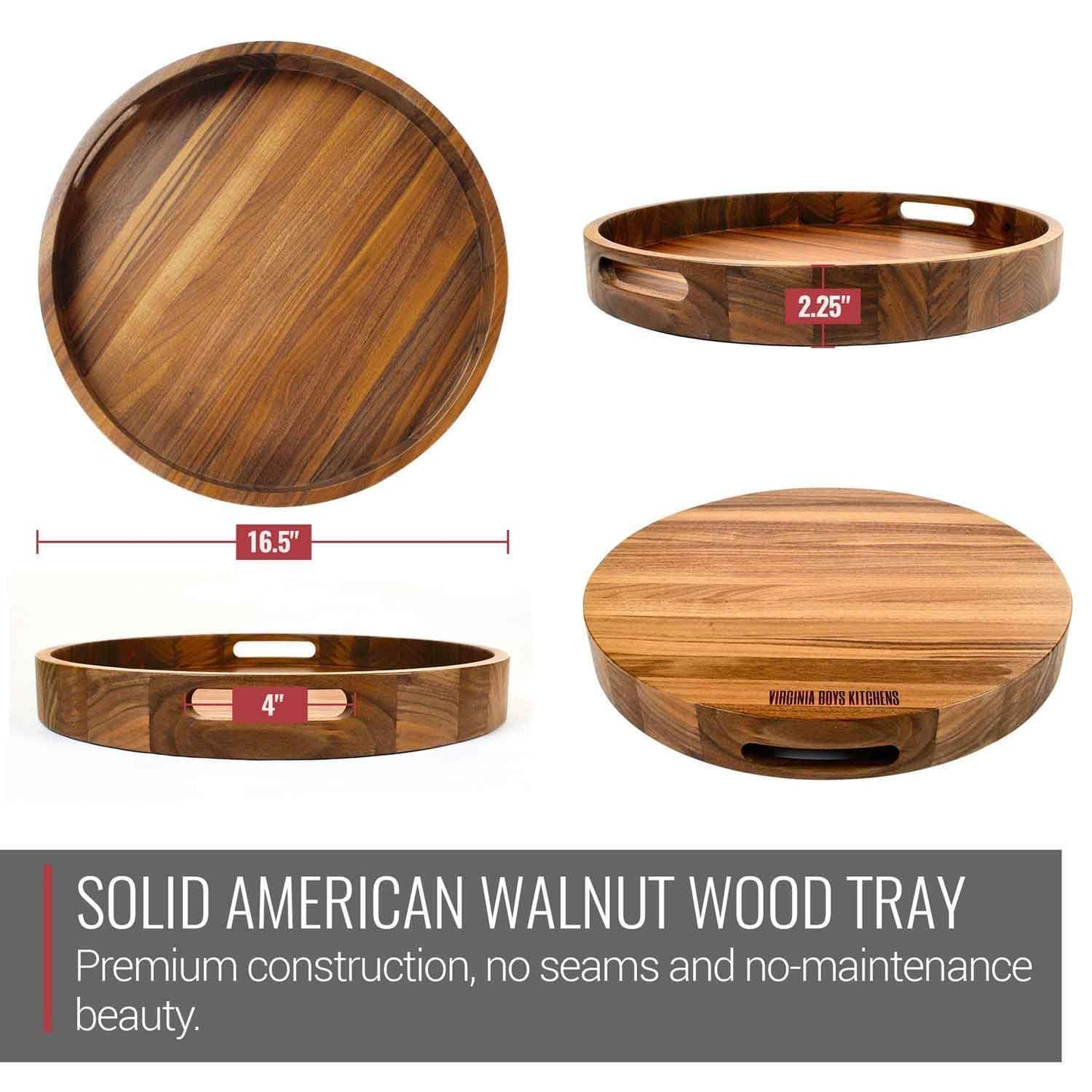 16.5 Inch Round Walnut Wood Serving and Coffee Table Tray with Handles - themonogram manor 