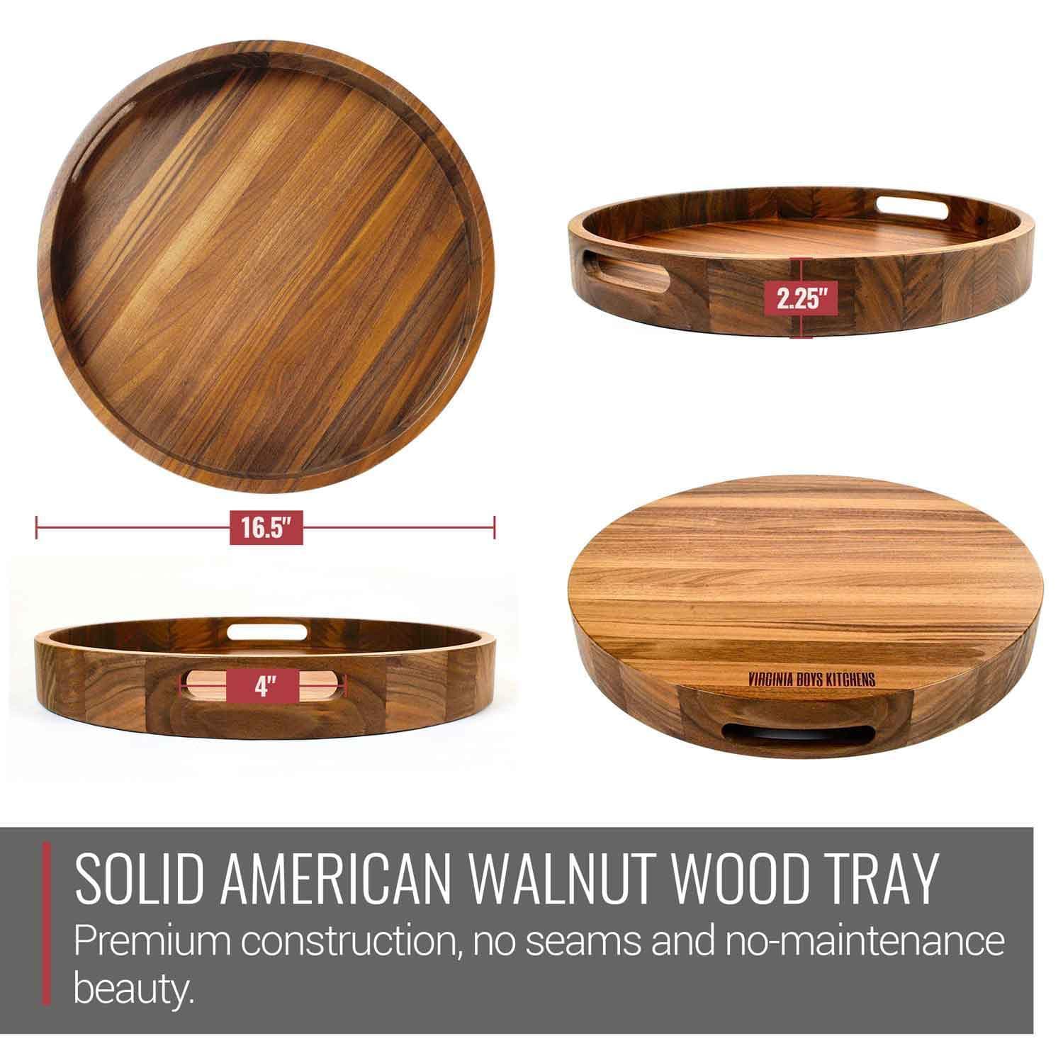16.5 Inch Round Walnut Wood Serving and Coffee Table Tray with Handles - themonogram manor 