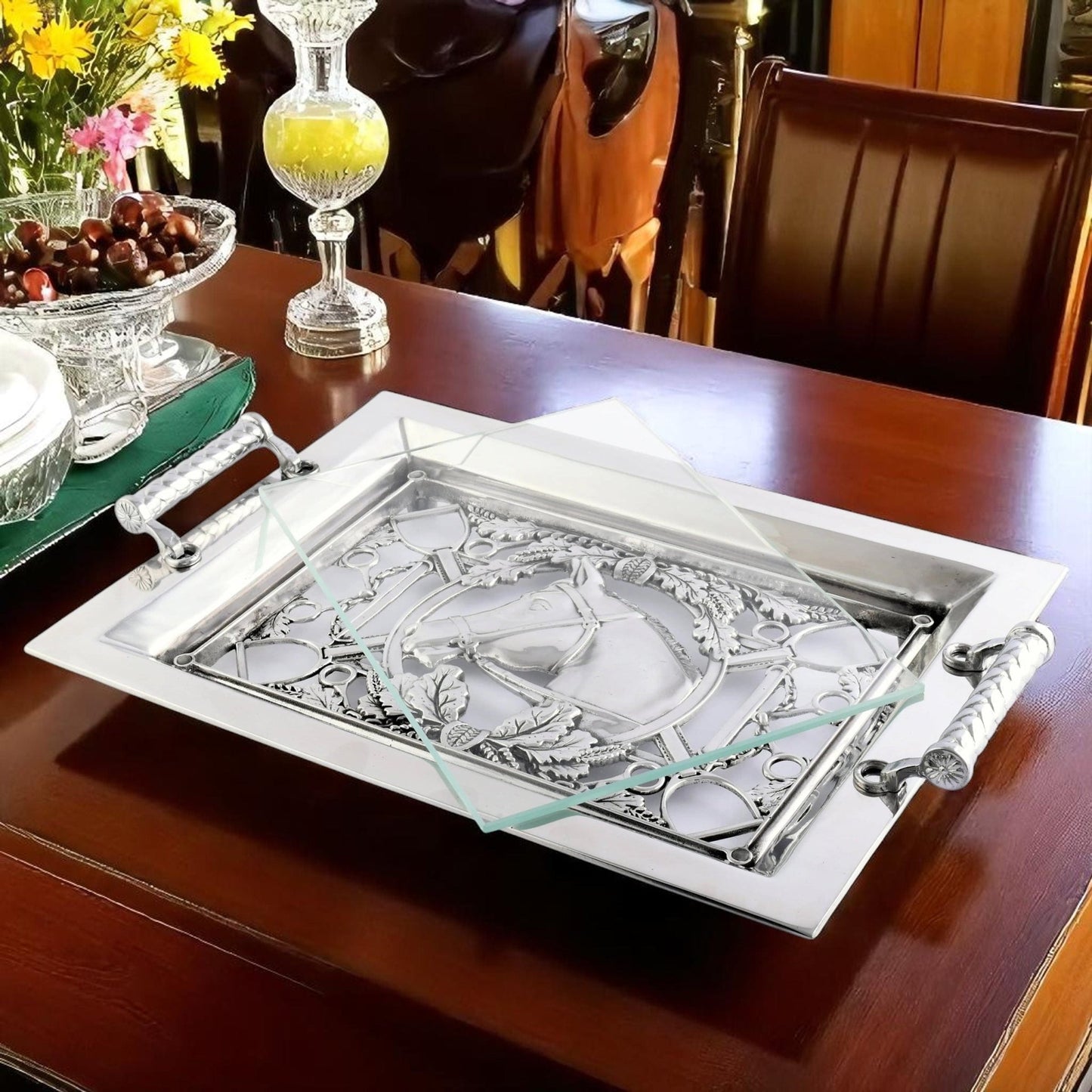 Equestrian Horse Glass Top Serving Tray - themonogram manor 
