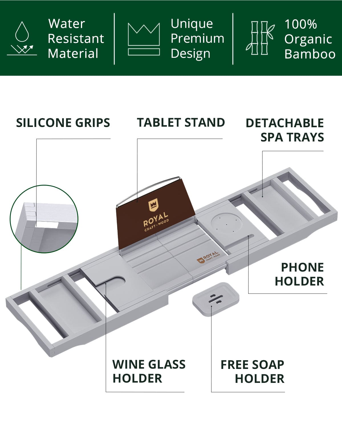 Bathtub Caddy Tray, Gray - themonogram manor 
