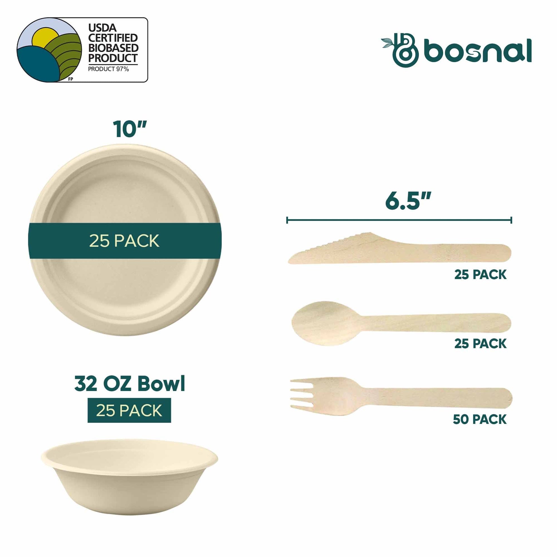 Bosnal – Sugarcane Bagasse Compostable 10 inch Round Plates with 32 Oz Bowls and Cutlery - themonogram manor 