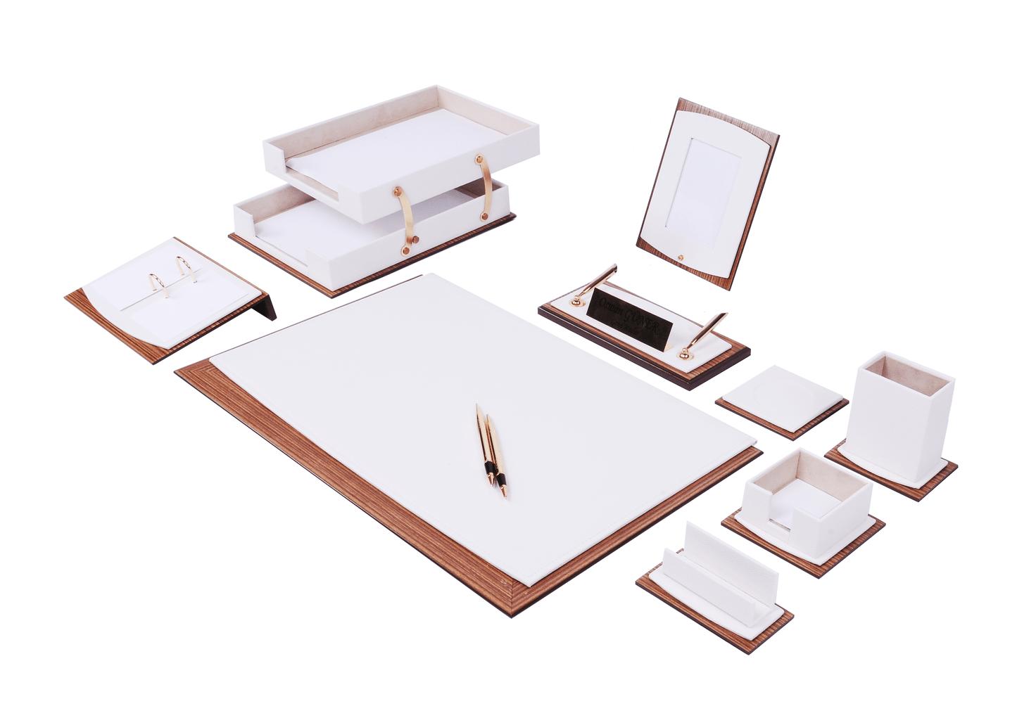 MOOG Star Leather Desk Set - Walnut Wood Combination - Double Document Tray - Green - 11 PCS - themonogram manor 