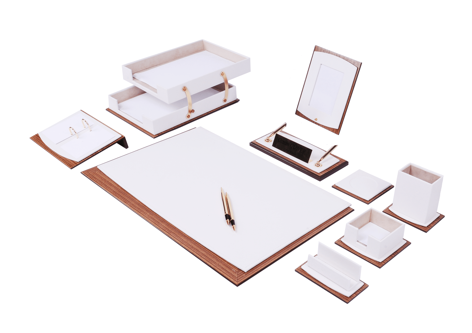 MOOG Star Leather Desk Set - Walnut Wood Combination - Double Document Tray - Green - 11 PCS - themonogram manor 