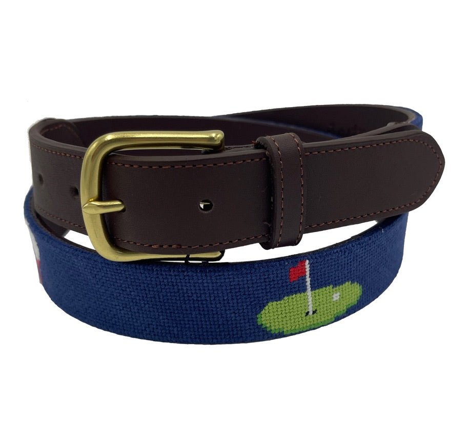 Charleston Belt Golf Green Gator Croc Leather Hand - stitched Needlepoint Belt Navy Blue - themonogram manor 