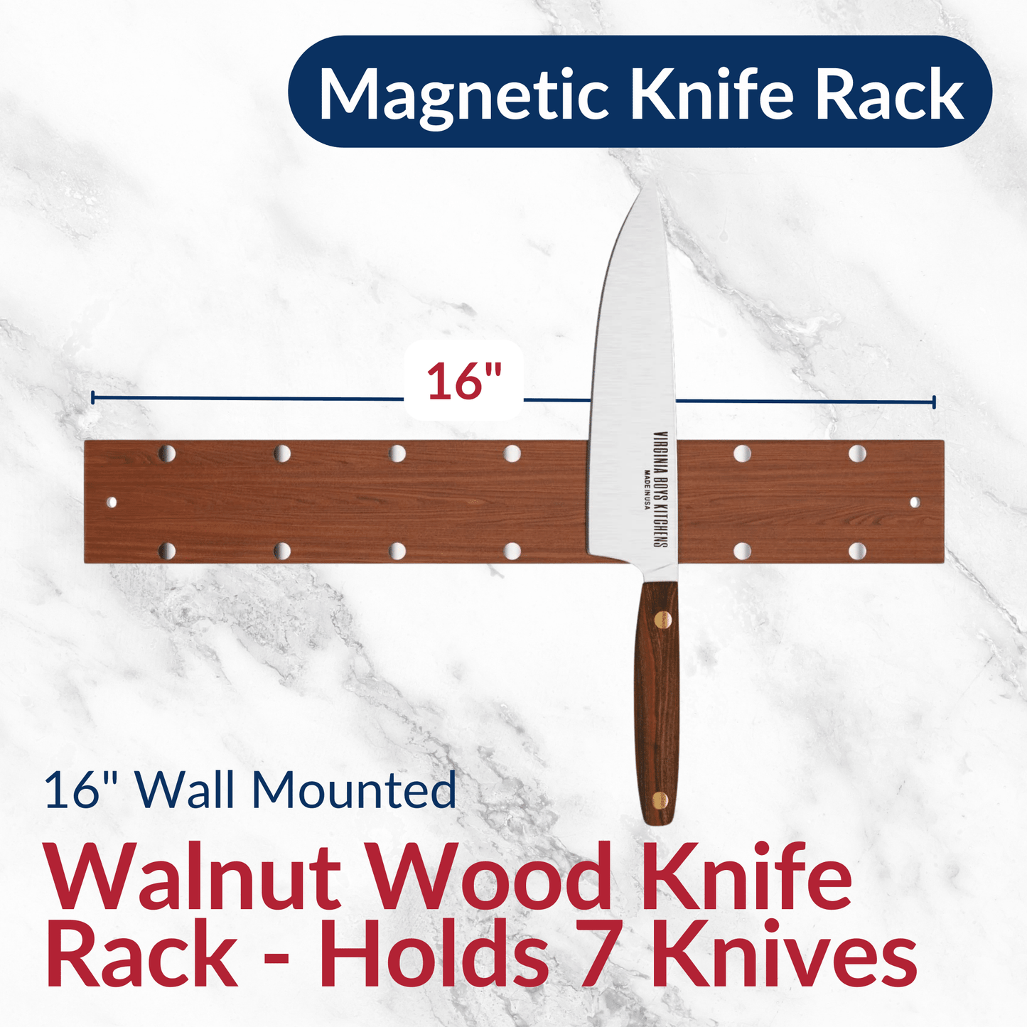 16" Wall Mounted Magnetic Walnut Wood Knife Rack - Holds 7 Knives - themonogram manor 