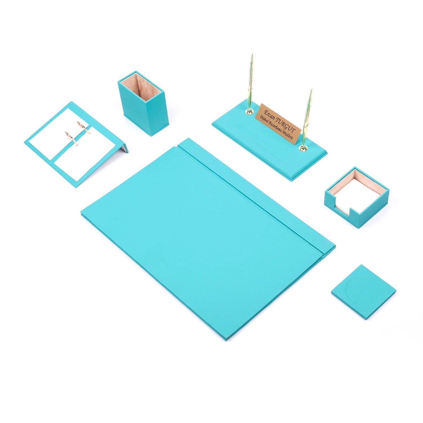 MOOG Leather Desk Set - 8 Accessories - Turquoise - 8 PCS - themonogram manor 