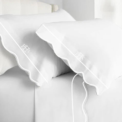 Monogram 400TC Cotton Scallop Embroidery & Border Sateen Solid Sheet Set - themonogram manor 
