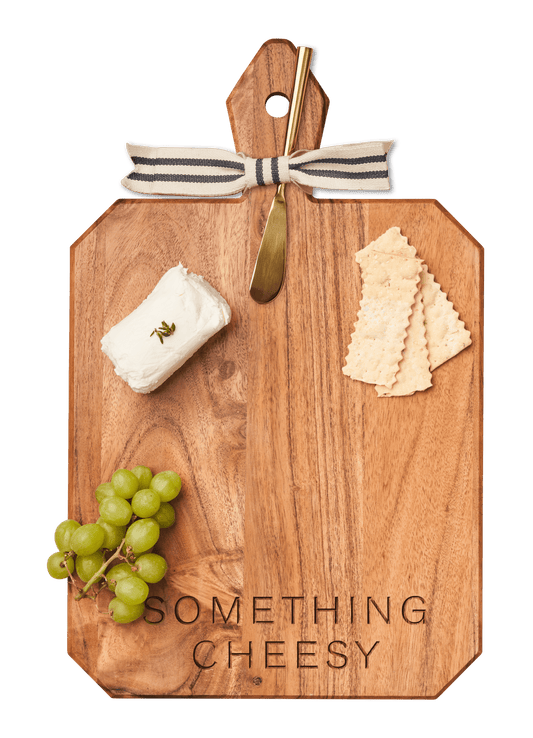 Acacia Heirloom Board with Handle Rectangle & Gold Spreader Tied with Gray & White Ribbon | something cheesy | 16 x 10 x .6" - themonogram manor 