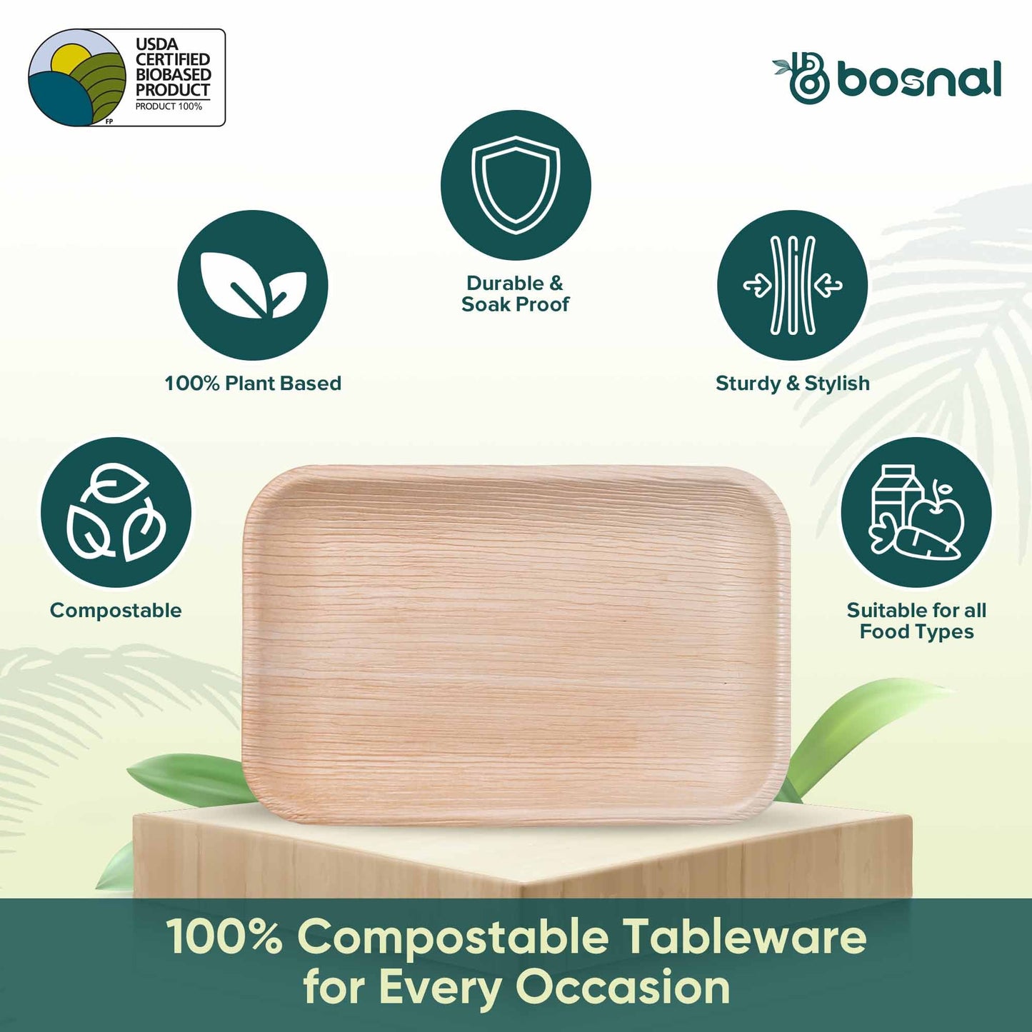 Bosnal - Palm Leaf Biodegradable Plates, 9 x 6 inch Rectangle - themonogram manor 