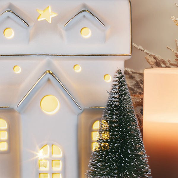 Lit Ceramic House With Trees - themonogram manor 
