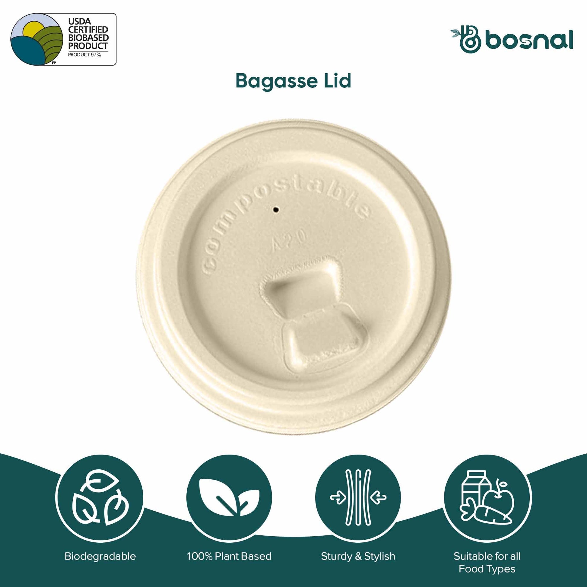 Bosnal - Sugarcane Bagasse Compostable Lids for 8 Oz Cups – Case of 20 (500 Pcs) - themonogram manor 