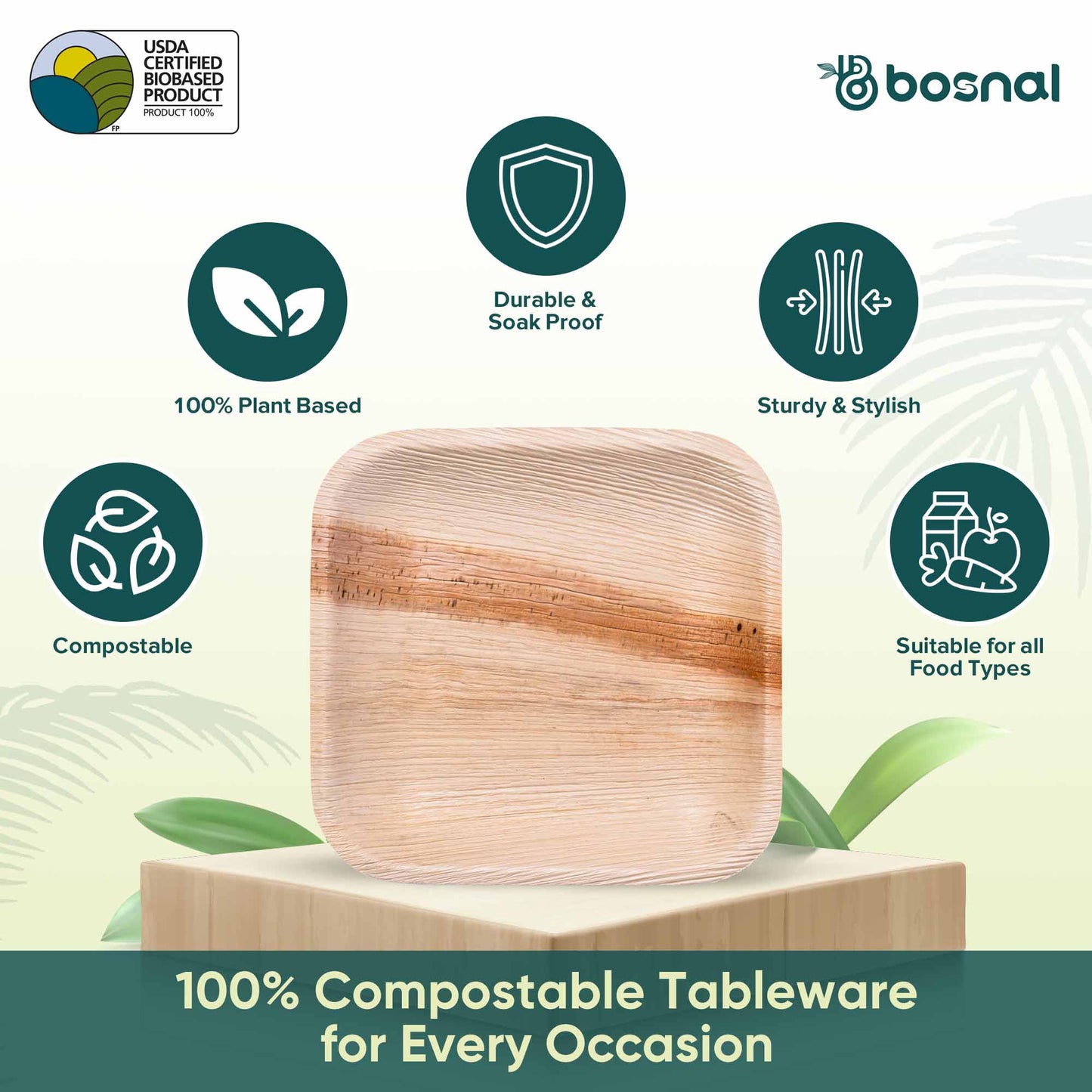 Bosnal - Palm Leaf Biodegradable Plates; 7 inch, Square - themonogram manor 