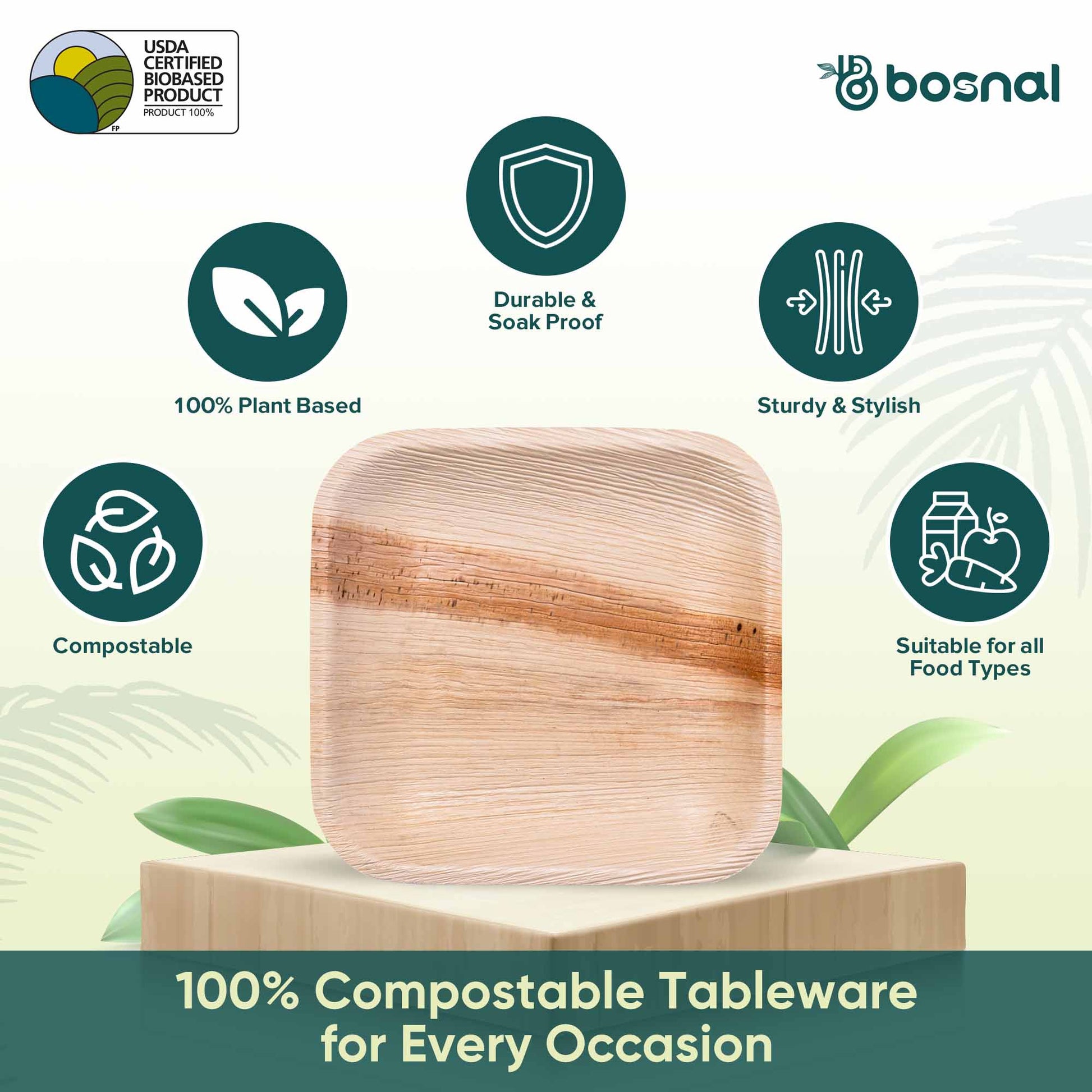 Bosnal - Palm Leaf Biodegradable Plates; 7 inch, Square - themonogram manor 