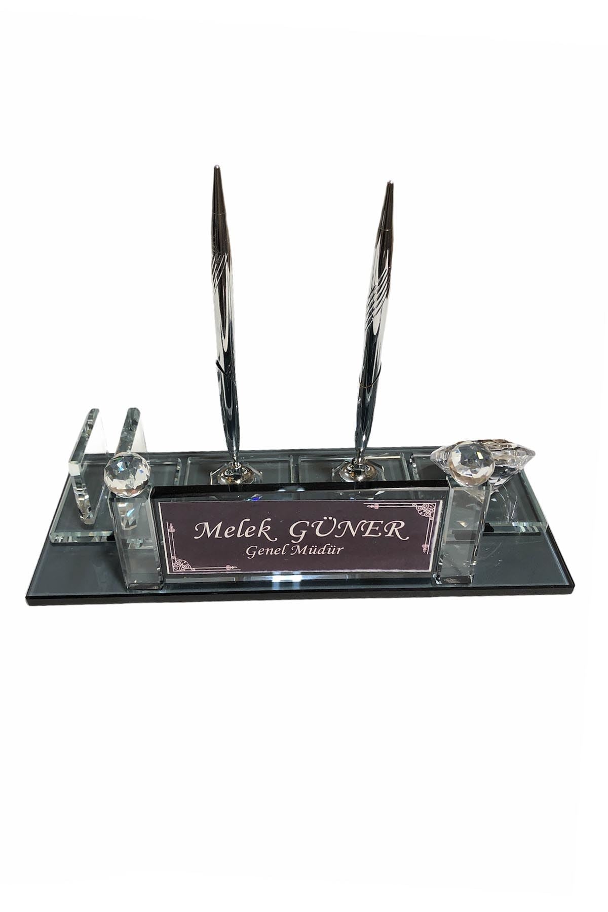 MOOG Black Glass Desk Name Plate With Clock - themonogram manor 