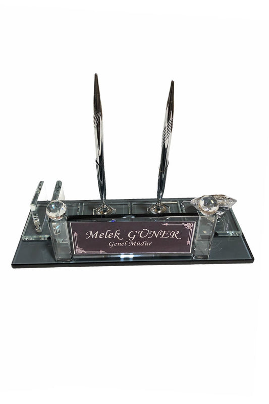 MOOG Black Glass Desk Name Plate With Clock - themonogram manor 