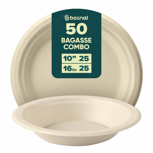 Sugarcane Bagasse Compostable 10 inch Round Plates with 16 Oz Bowls - themonogram manor 