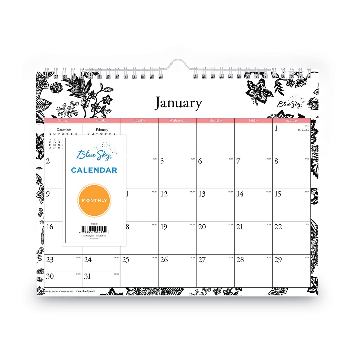 Blue Sky Analeis Wall Calendar, Analeis Floral Artwork, 11 x 8.75, White/Black/Coral Sheets, 12 - Month (Jan to Dec): 2023 - themonogram manor 