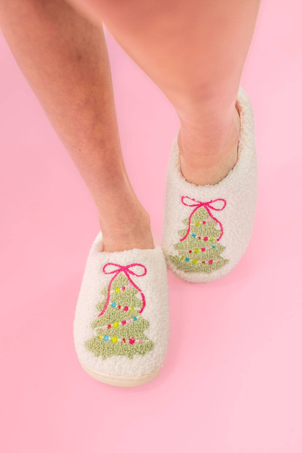Pink Bow Christmas Tree Slippers - Adult - 4 sizes - themonogram manor 
