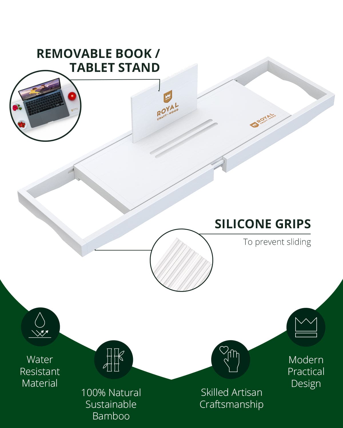 Bathtub Caddy Tray Lite, White - themonogram manor 