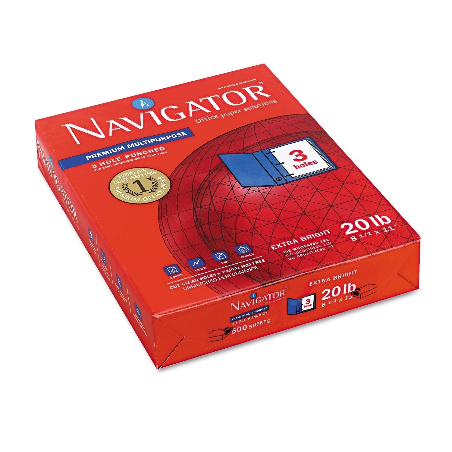 Navigator Premium Multipurpose Copy Paper, 97 Bright, 3 - Hole, 20 lb Bond Weight, 8.5 x 11, White, 500 Sheets/Ream, 10 Reams/Carton - themonogram manor 