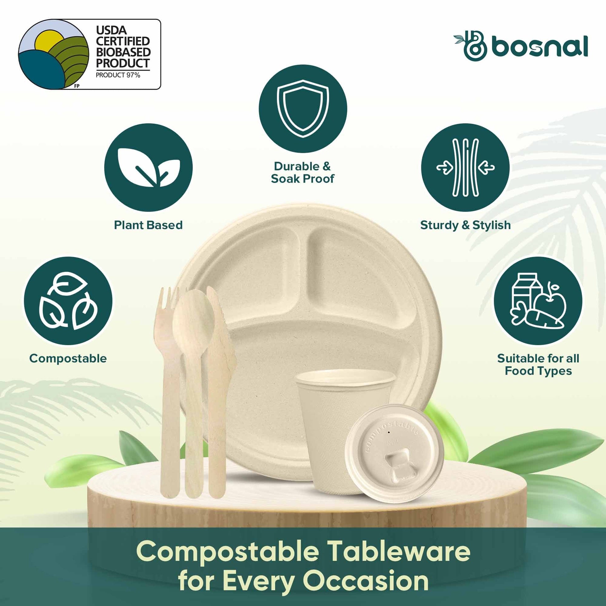 Bosnal – Sugarcane Bagasse Compostable 3 - Compartment Round Plates & 8 Oz Cups with Lids & Cutlery - themonogram manor 