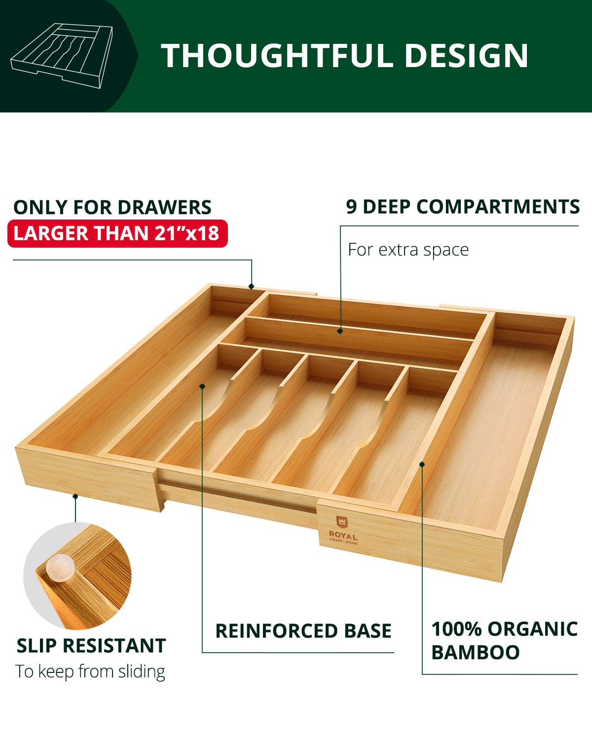 Silverware Drawer Organizer, Natural (9 Slots) - themonogram manor 