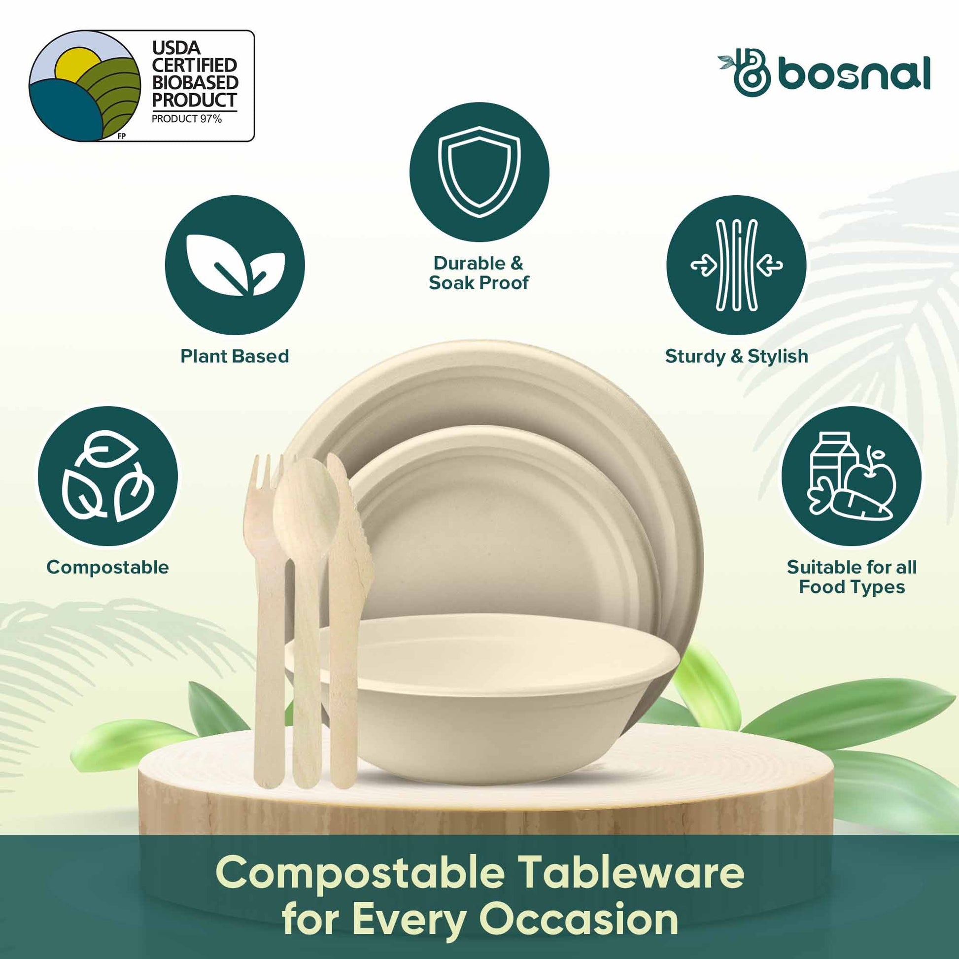 Bosnal – Sugarcane Bagasse Compostable 10 inch & 7 inch Round Plates, 32 Oz Bowls with Cutlery - themonogram manor 