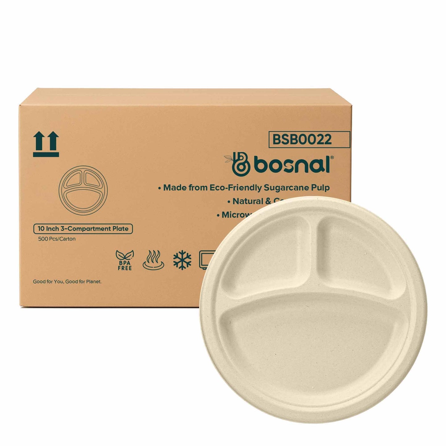 Bosnal - Sugarcane Bagasse Compostable 10 inch Round 3 - Compartment Plates - Case of 20 (500 Pcs) - themonogram manor 