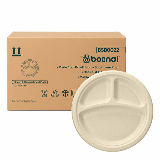 Bosnal - Sugarcane Bagasse Compostable 10 inch Round 3 - Compartment Plates - Case of 20 (500 Pcs) - themonogram manor 