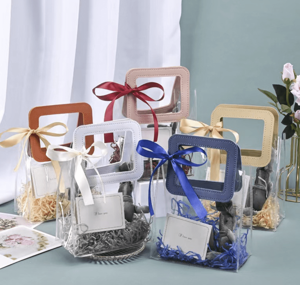 7 colors Transparent Thick PVC Gift Bag w/ square handles - themonogram manor 