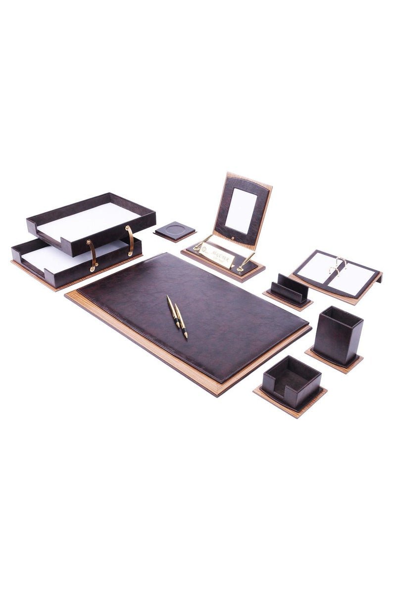 MOOG Star Leather Desk Set - Walnut Wood Combination - Double Document Tray - Green - 11 PCS - themonogram manor 
