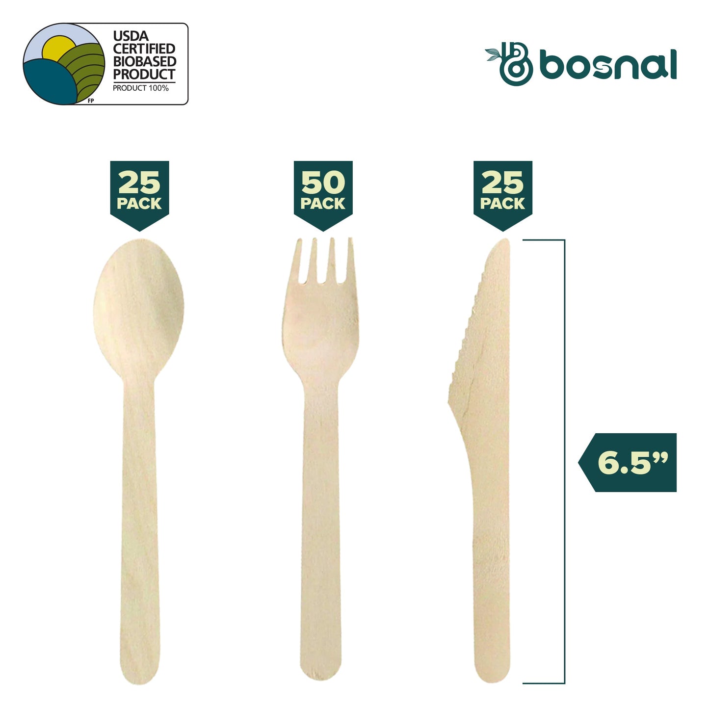 Bosnal – Wooden Disposable Cutlery Set, 6.5 inch, 100 Pcs - themonogram manor 