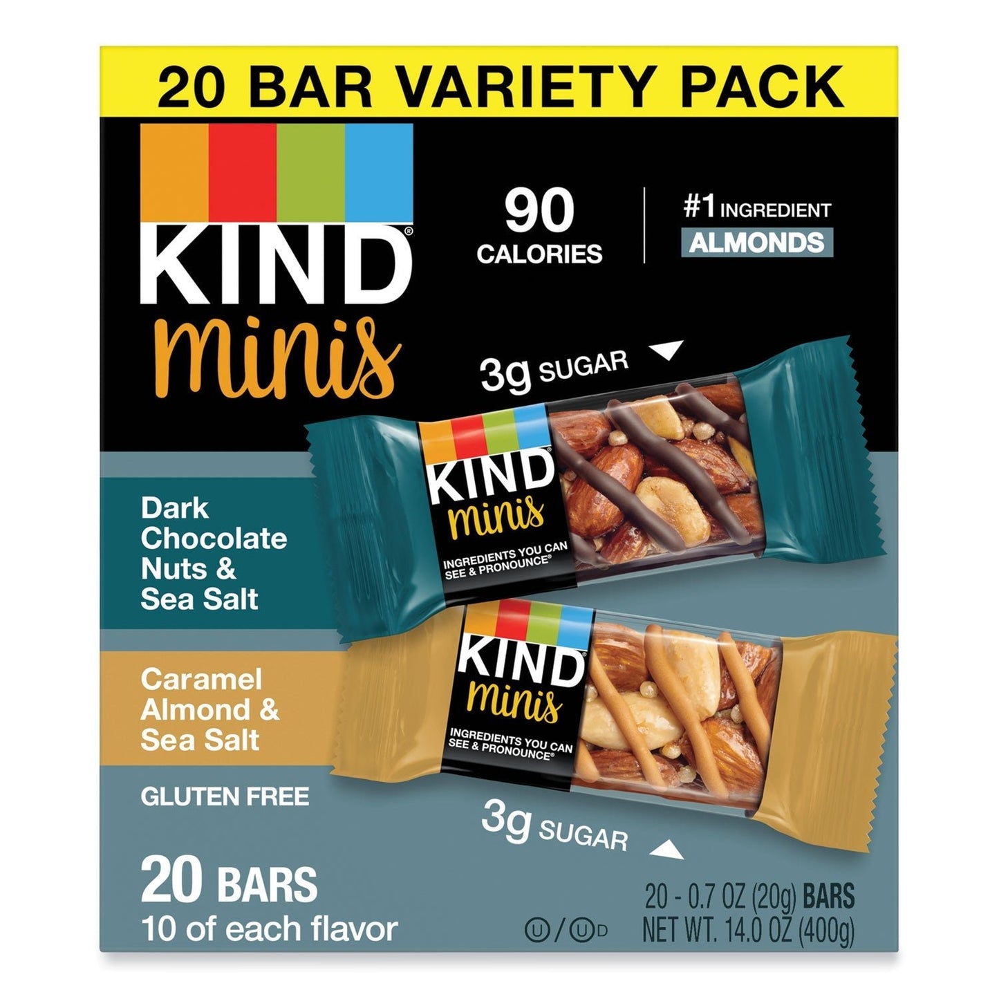 KIND Minis, Dark Chocolate Nuts and Sea Salt/Caramel Almond and Sea Salt, 0.7 oz, 20/Pack - themonogram manor 