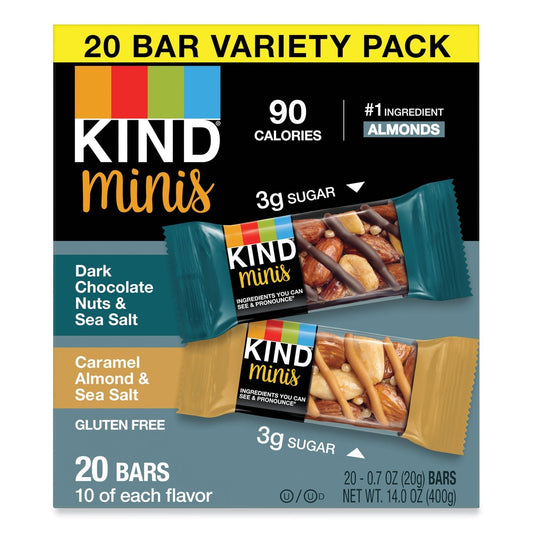 KIND Minis, Dark Chocolate Nuts and Sea Salt/Caramel Almond and Sea Salt, 0.7 oz, 20/Pack - themonogram manor 