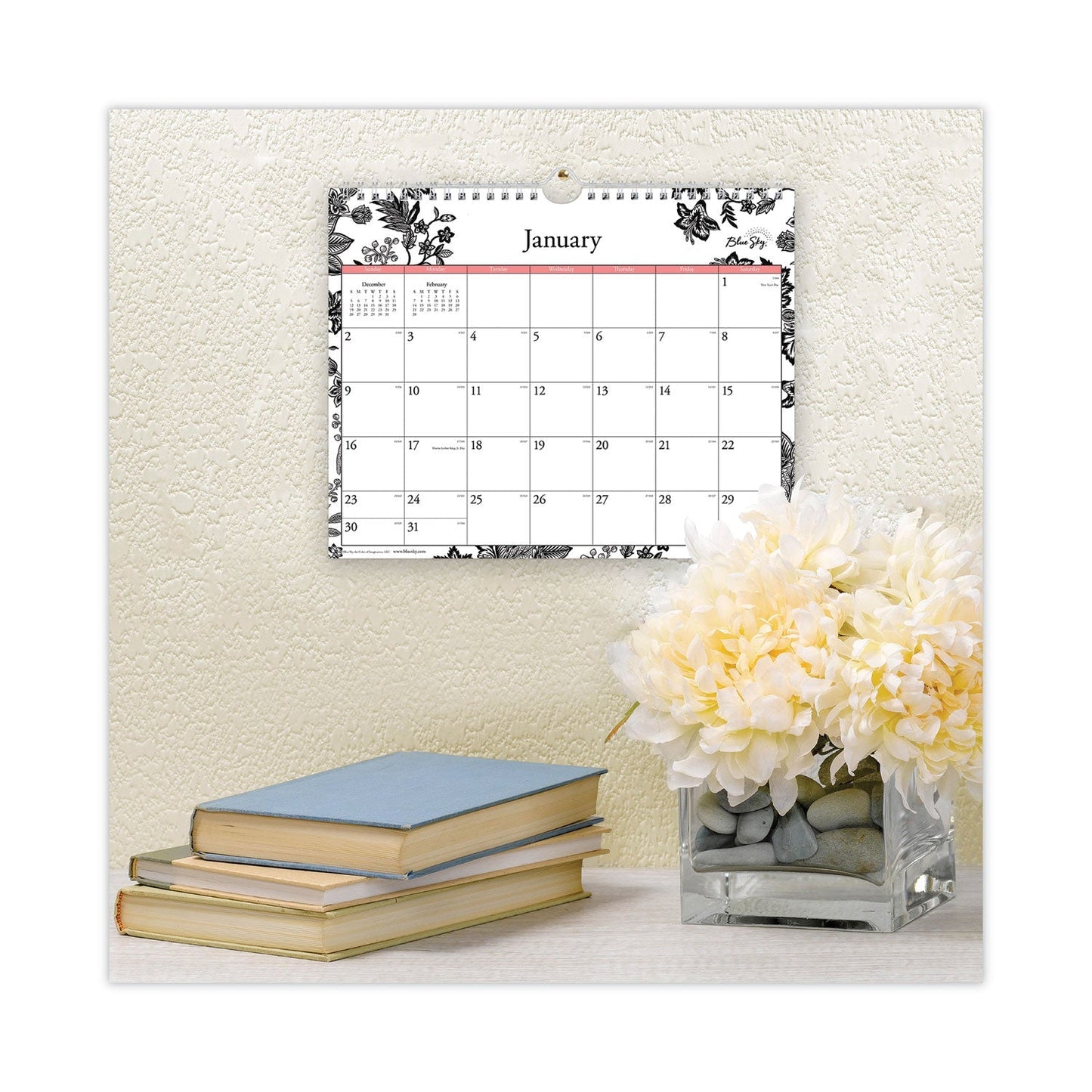 Blue Sky Analeis Wall Calendar, Analeis Floral Artwork, 11 x 8.75, White/Black/Coral Sheets, 12 - Month (Jan to Dec): 2023 - themonogram manor 
