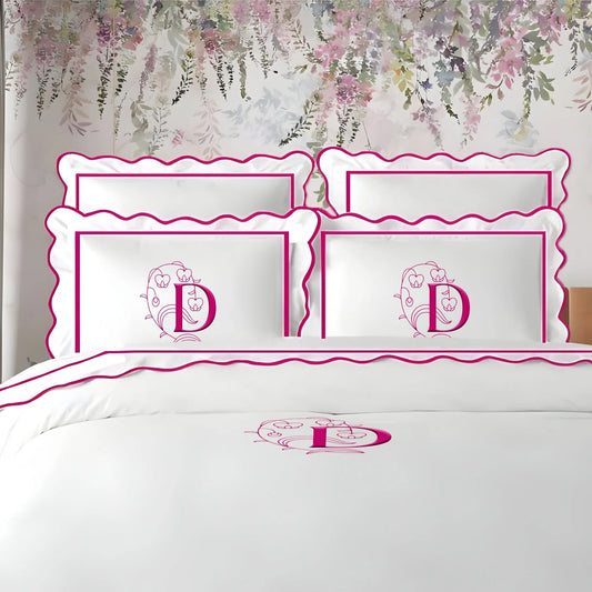 Monogram 400TC Cotton Scallop Embroidery & Border Sateen Solid Duvet Cover Set - themonogram manor 
