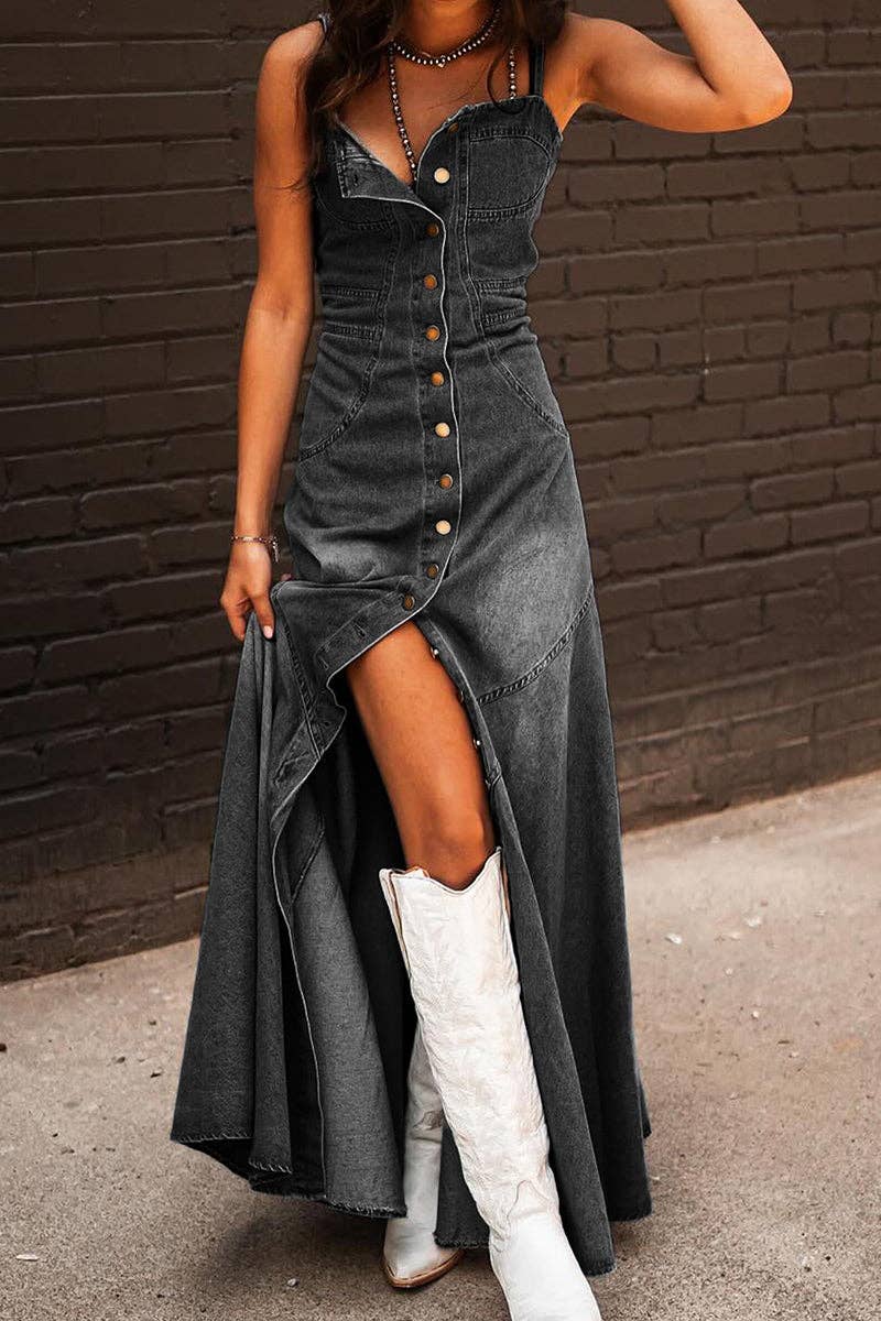 Button - Front Denim A - Line Dress - themonogram manor 