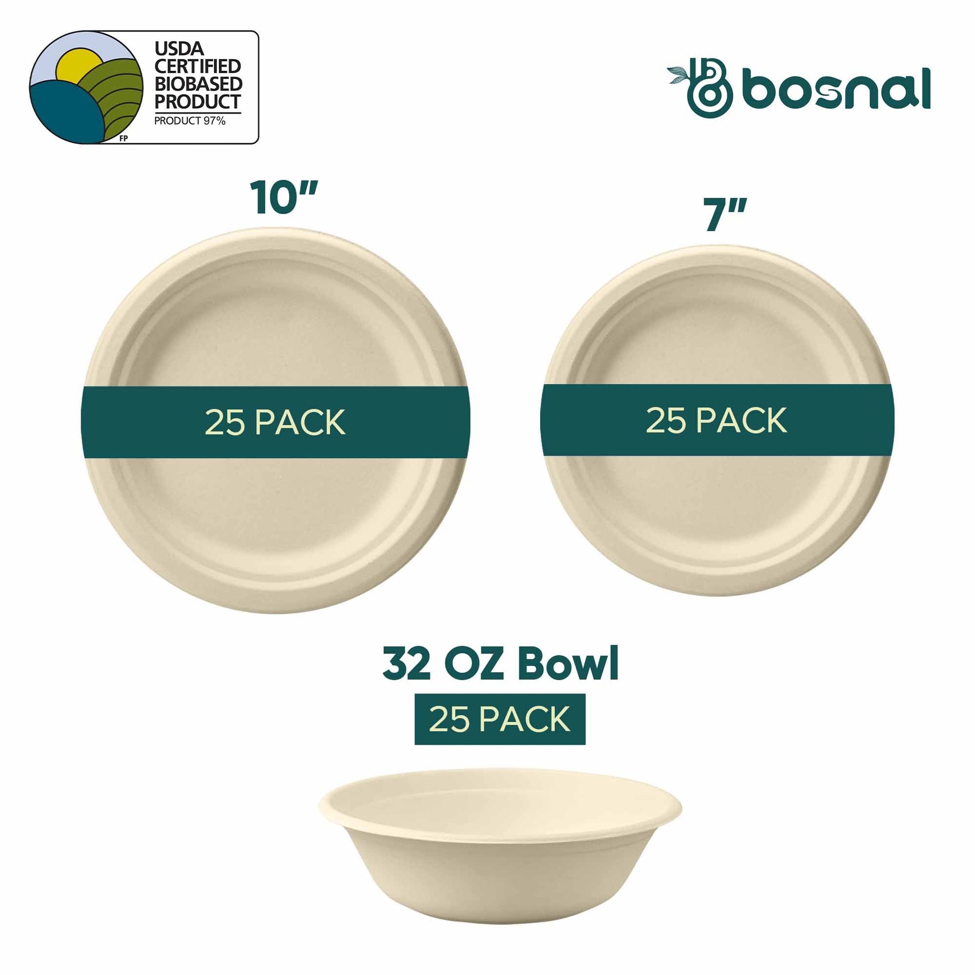 Bosnal – Sugarcane Bagasse Compostable 10 inch & 7 inch Round Plates with 32 Oz Bowls - themonogram manor 
