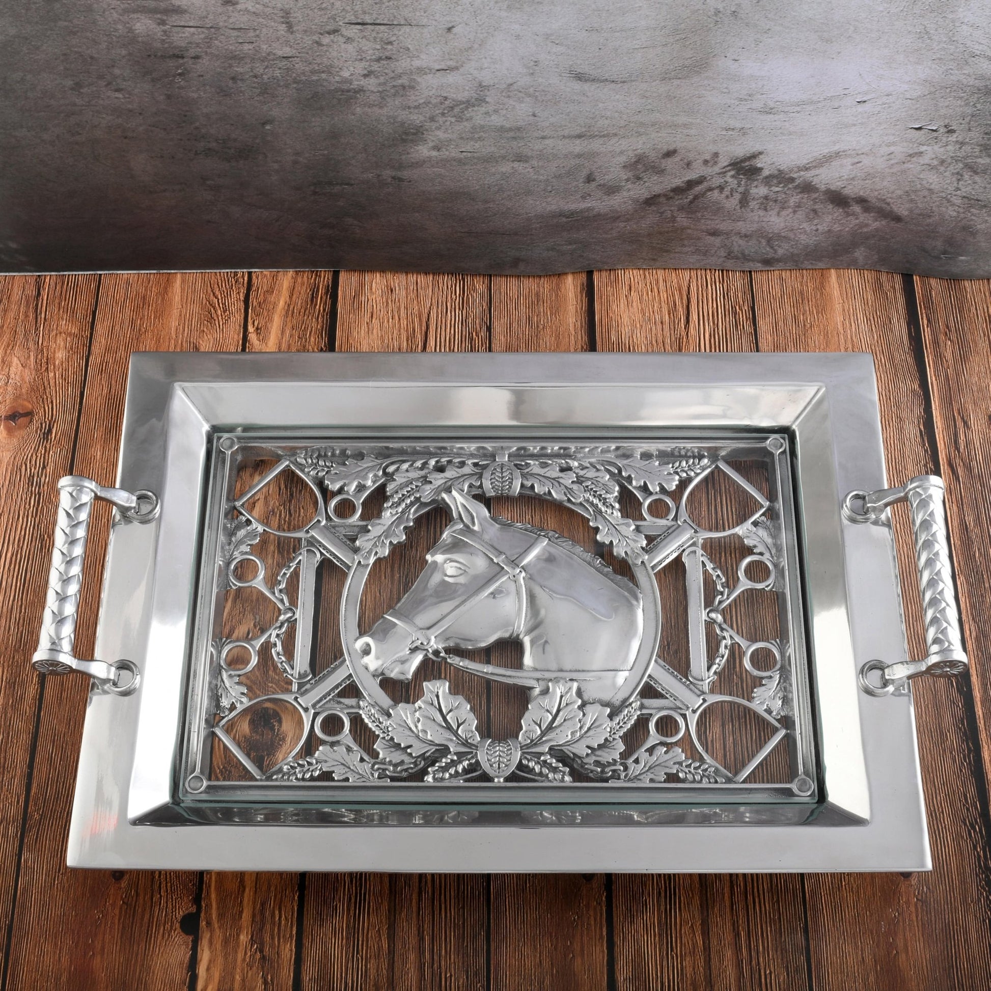 Equestrian Horse Glass Top Serving Tray - themonogram manor 
